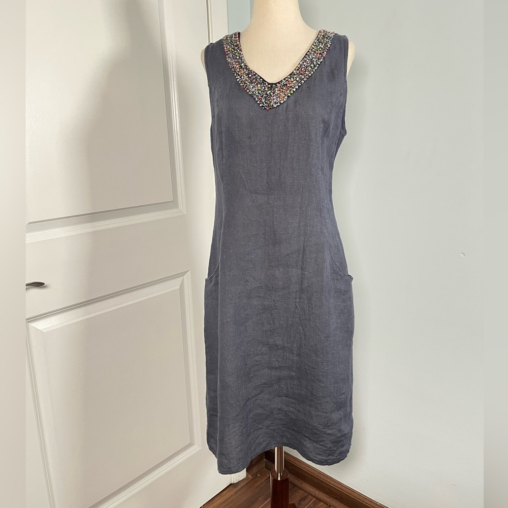 Lina Tomei 100% linen beaded neckline shirt dress size S - Picture 7 of 15